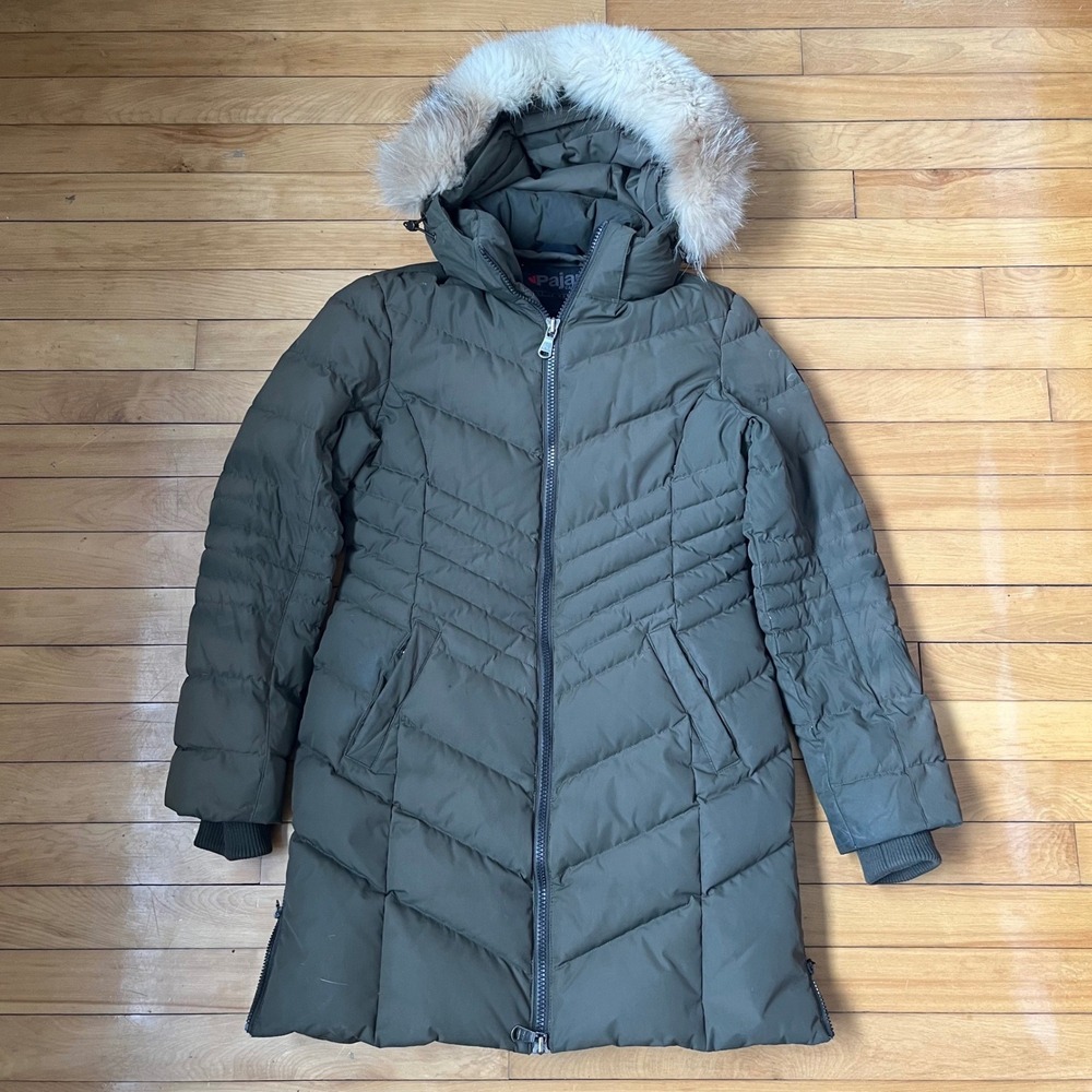 Pajar Canada Womens Olive Green Chevron Quilted Fur Trim Hood Puffer Parka M